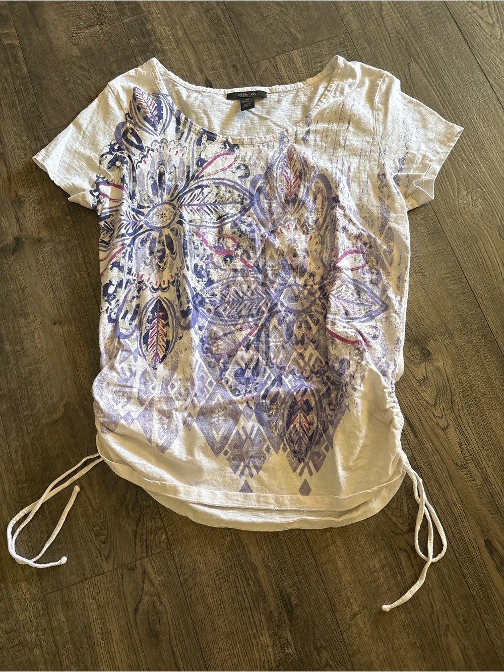 Style & Co. White Short-Sleeve Floral Drawstring Top with Purple and Pink Print